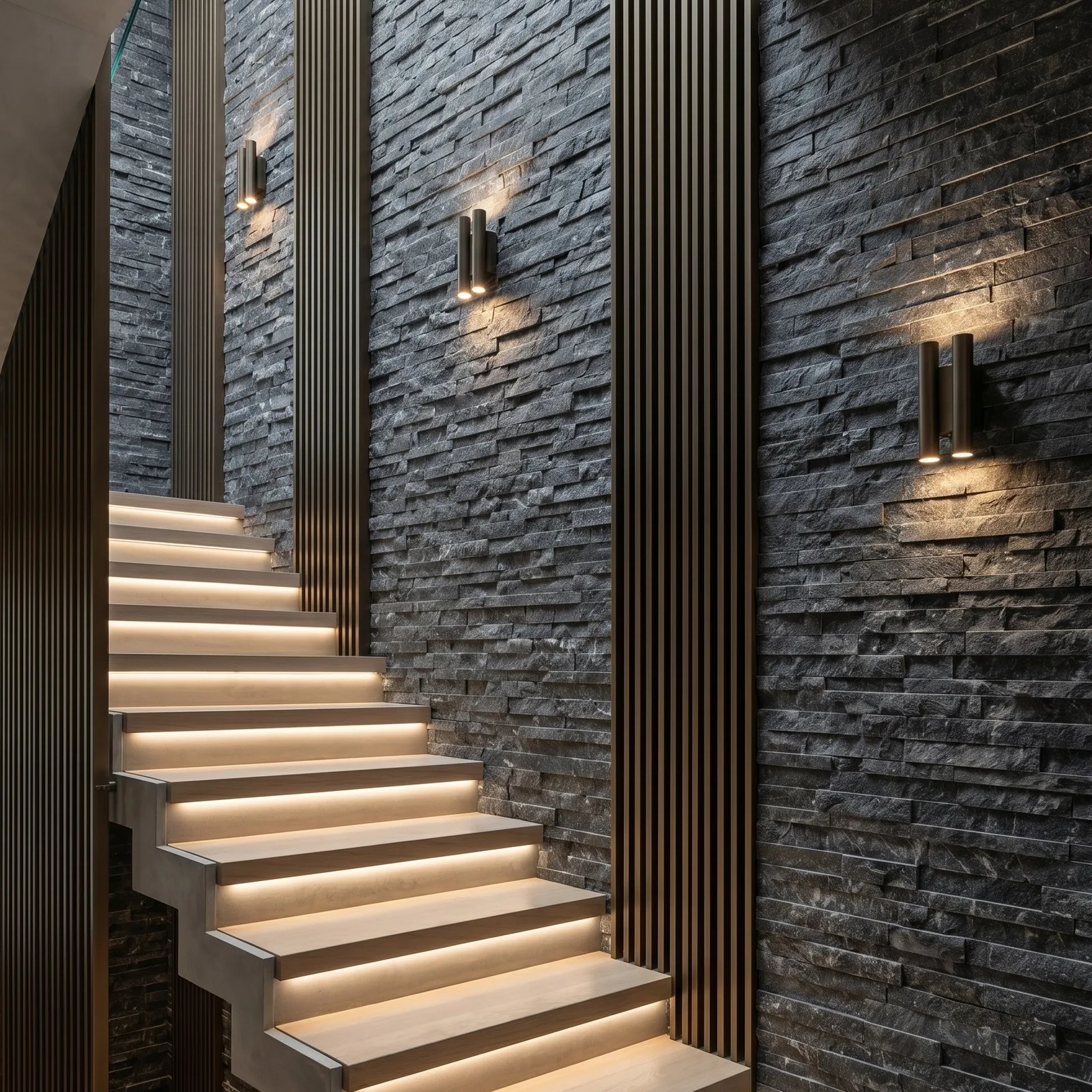 A full-height black marble ledger panel wall behind an open-riser stair, the charcoal split faces lit by three wall lights and slatted timber to one side.