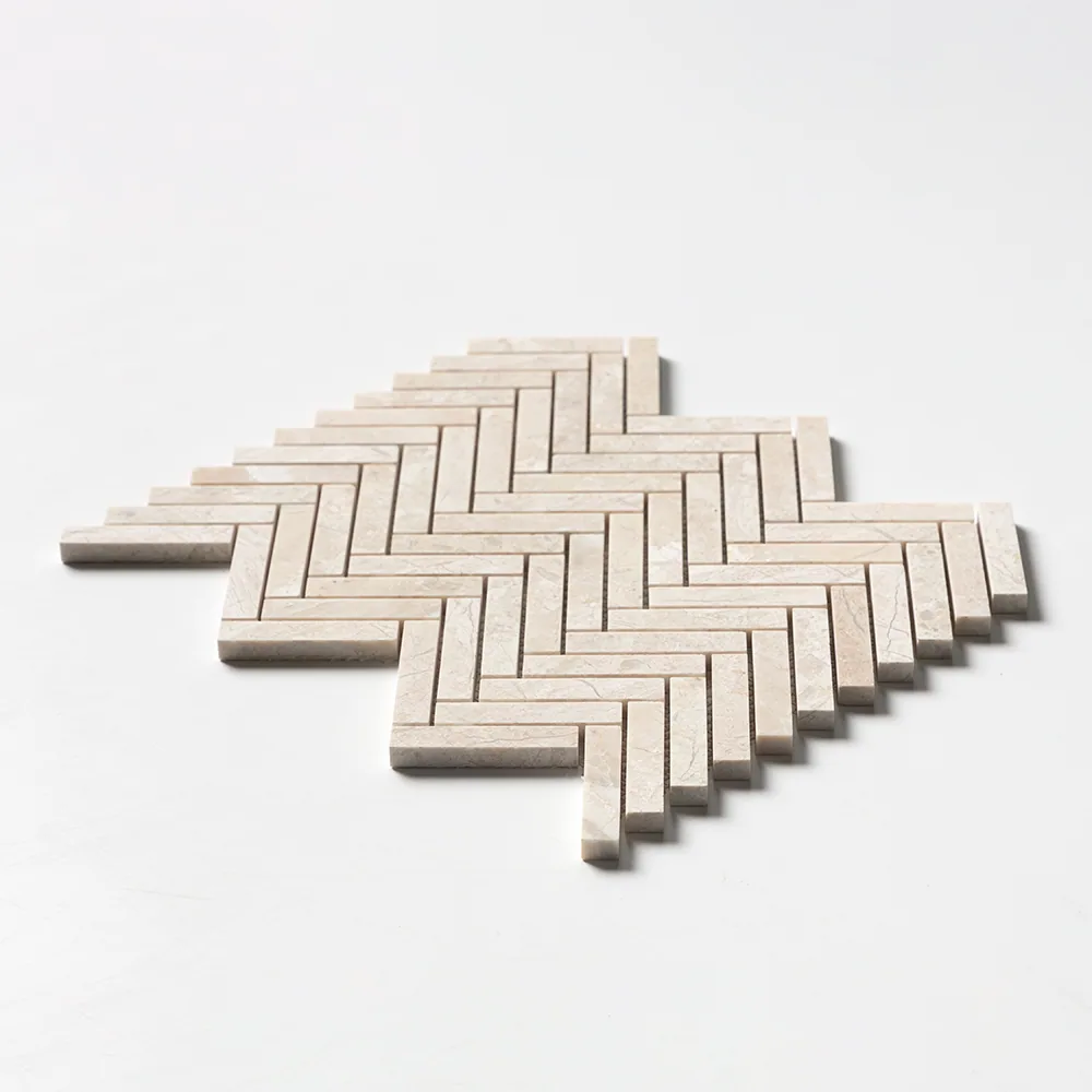 Fine herringbone of slender cream Diana Royal batons, the sheet angled so its zig-zag edge steps away across a white ground.
