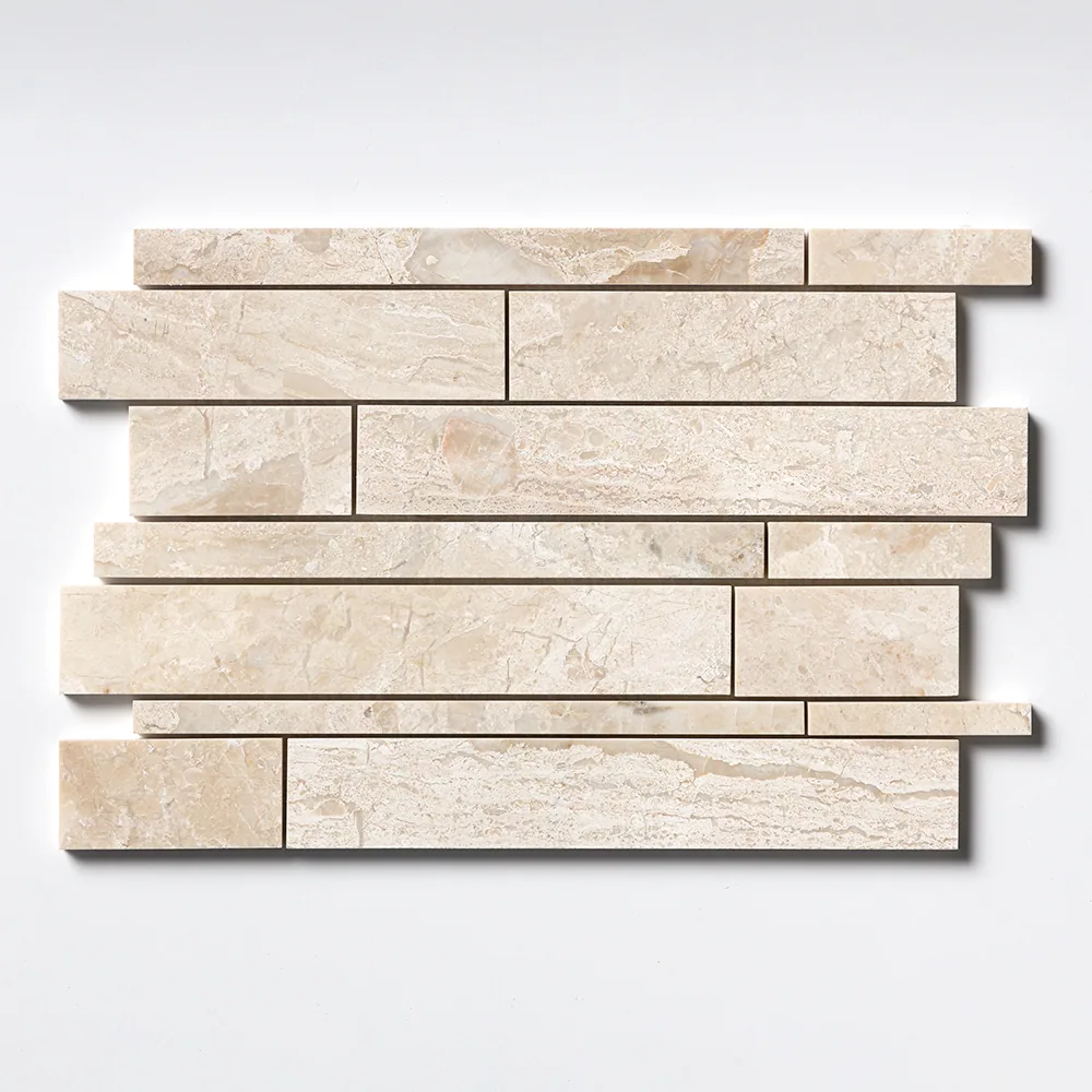 The Slides sheet straight on, staggered cream planks running edge to edge with soft beige banding through the stone.