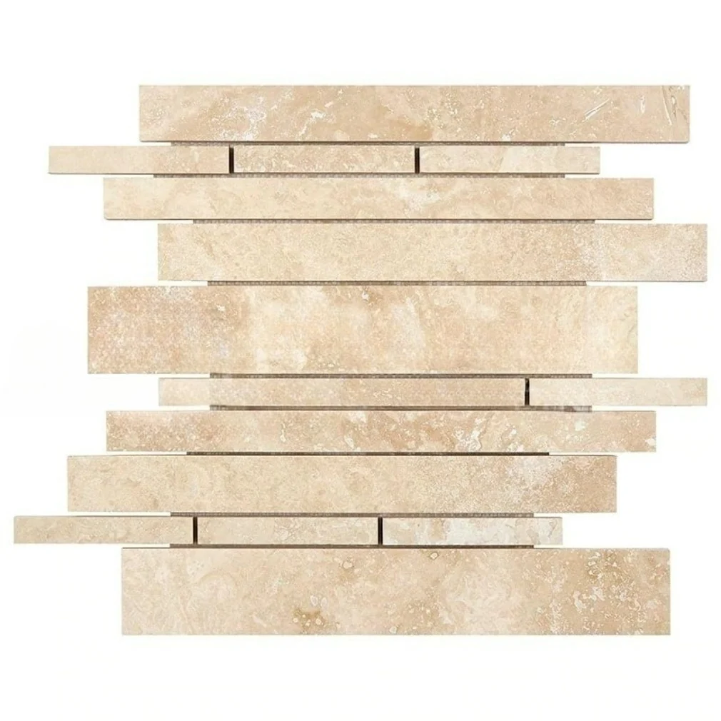 Honed Ivory travertine laid as horizontal strips of random width and length, in warm cream with fine darker banding through the stone.