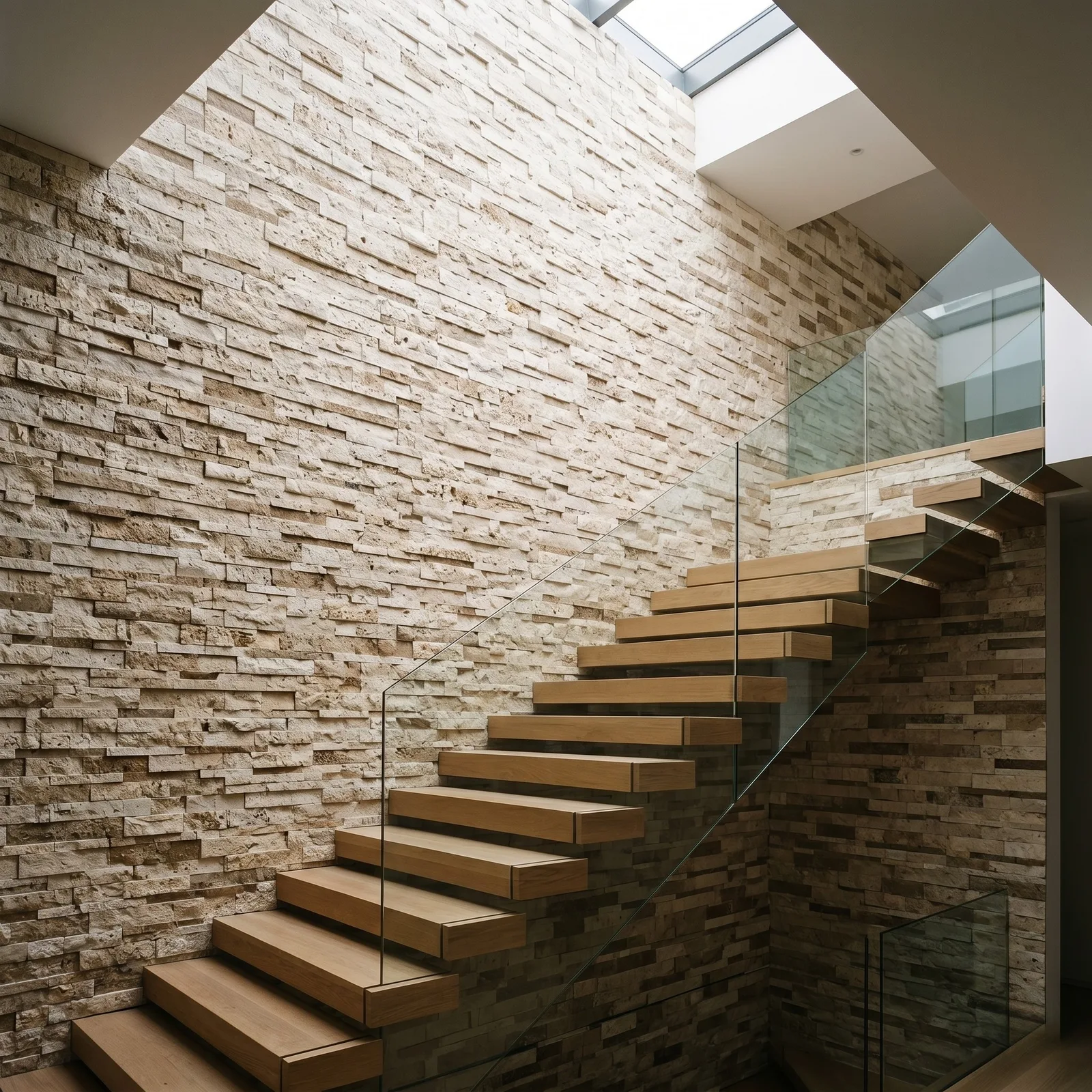 A tall wall of Light Noce travertine ledger panel in warm sand and biscuit tones, lit from a skylight above, with a cantilevered timber stair and glass balustrade crossing it.
