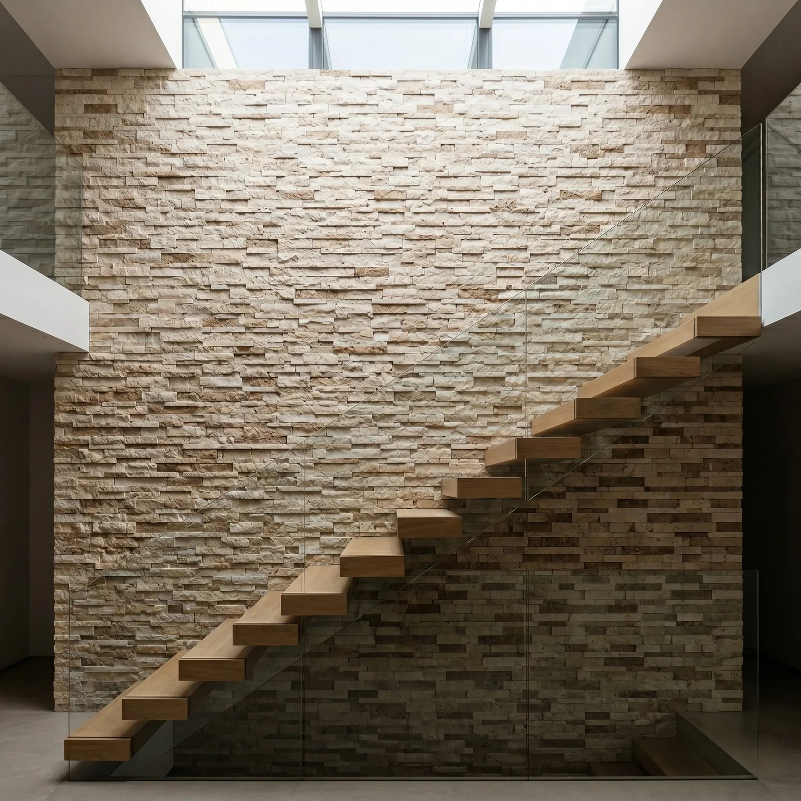 Open-riser timber stair rising across a full-height Light Noce travertine ledger panel wall, the split faces catching the light from a white soffit above.