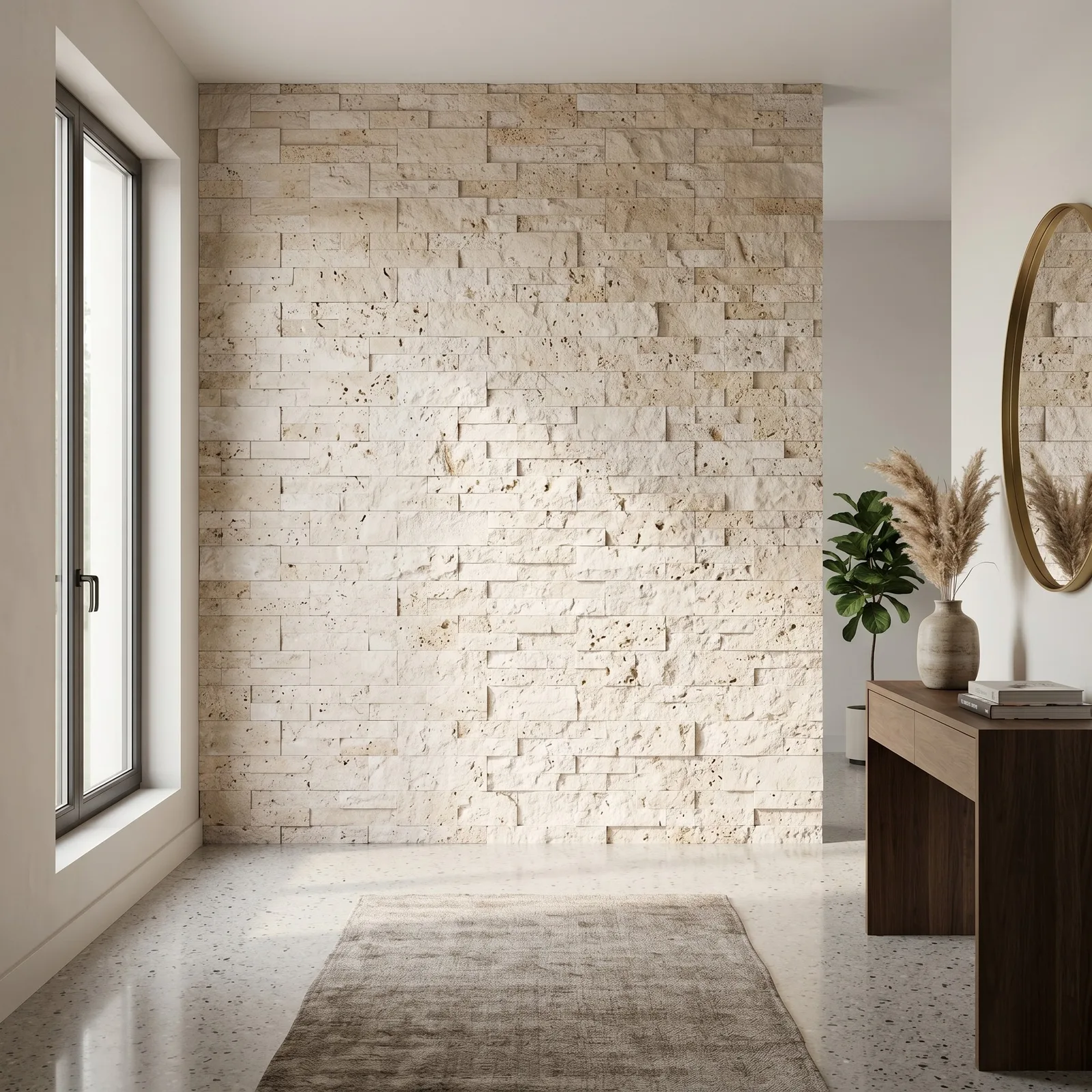 Room corner clad in pale cream Light Travertine ledger panel, daylight from a tall window raking across the split faces, with a dark timber console and a rug on a terrazzo floor.
