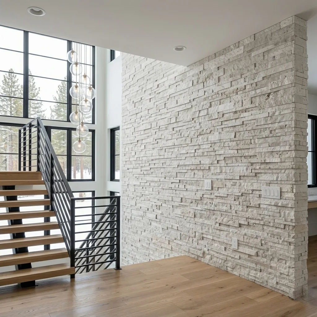 Double-height space with Light Travertine ledger panel wrapping a corner, black-framed glazing to one side and an open-riser stair with a black stringer in front.