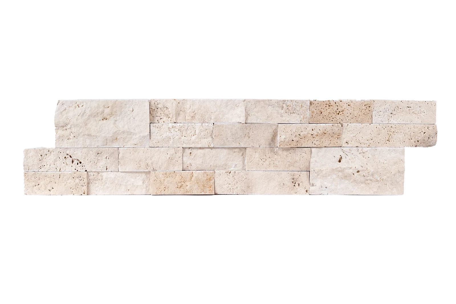 A single course of Light Travertine ledger panel across a wide frame, showing the run of the strips and the pitting in the pale stone.