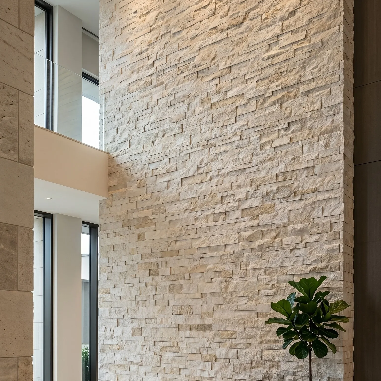 Double-height limestone ledger panel wall rising past full-height glazing, lit from above, with a single potted fig at its base for scale.
