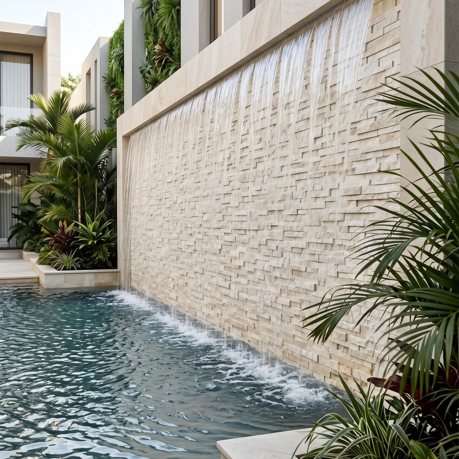 A long Myra Beige marble ledger panel wall beside a pool, water running down its face with planting to either side.