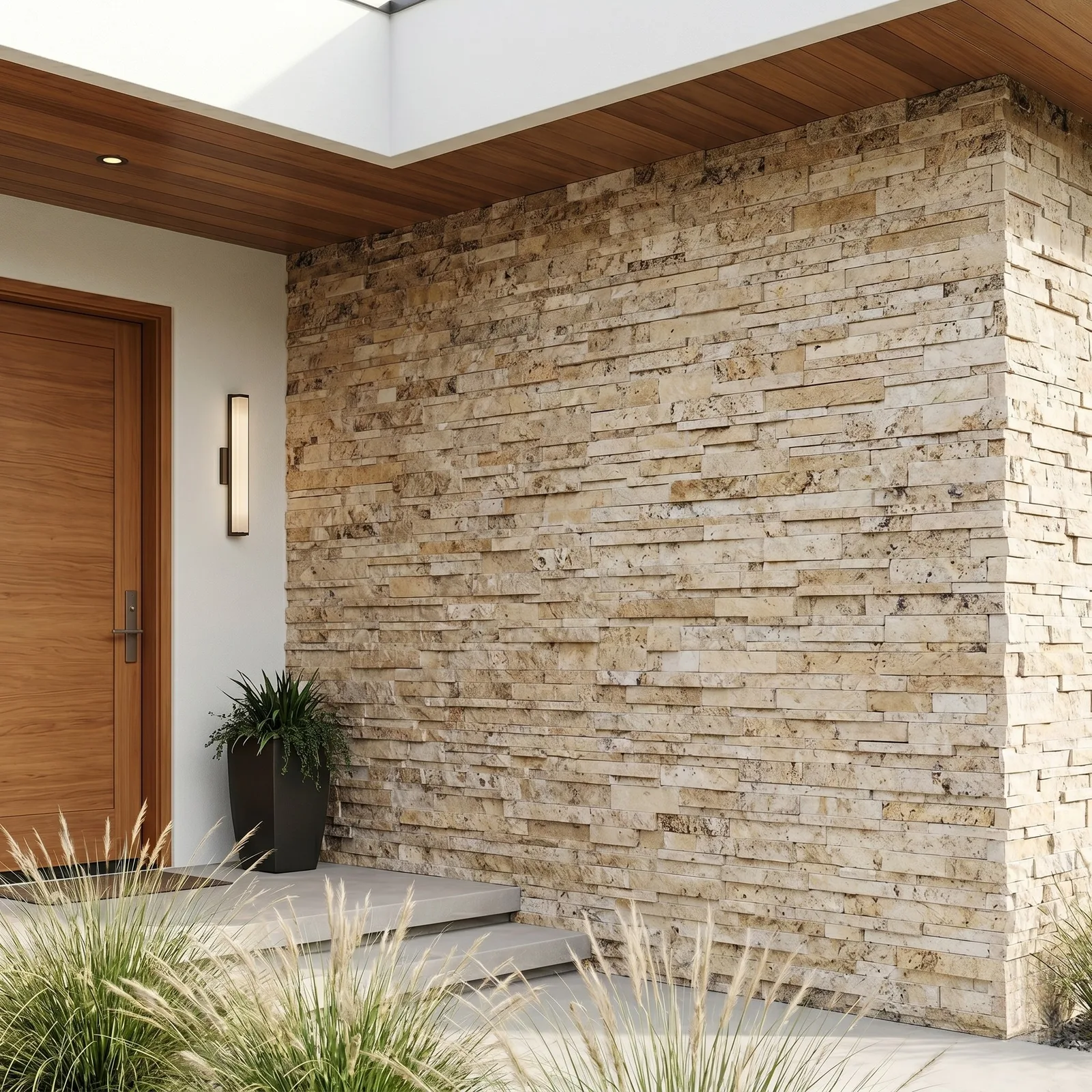 Covered entrance faced in Philadelphia travertine ledger panel, the cream, grey and ochre strips running under a timber soffit beside a wood door and a vertical sconce.