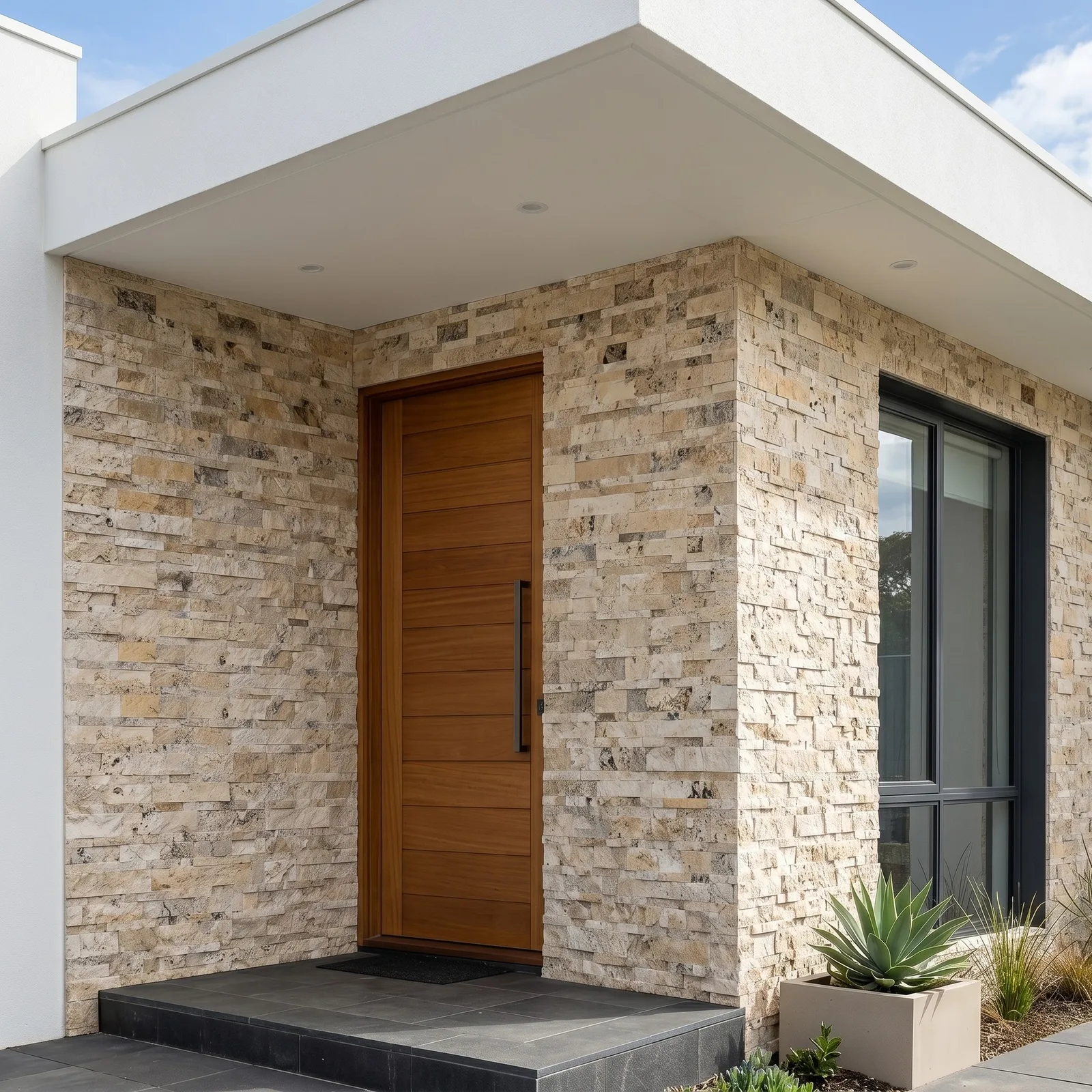 Philadelphia travertine ledger panel cladding an entrance return under a white cantilevered canopy, with a timber door and planting at the threshold.