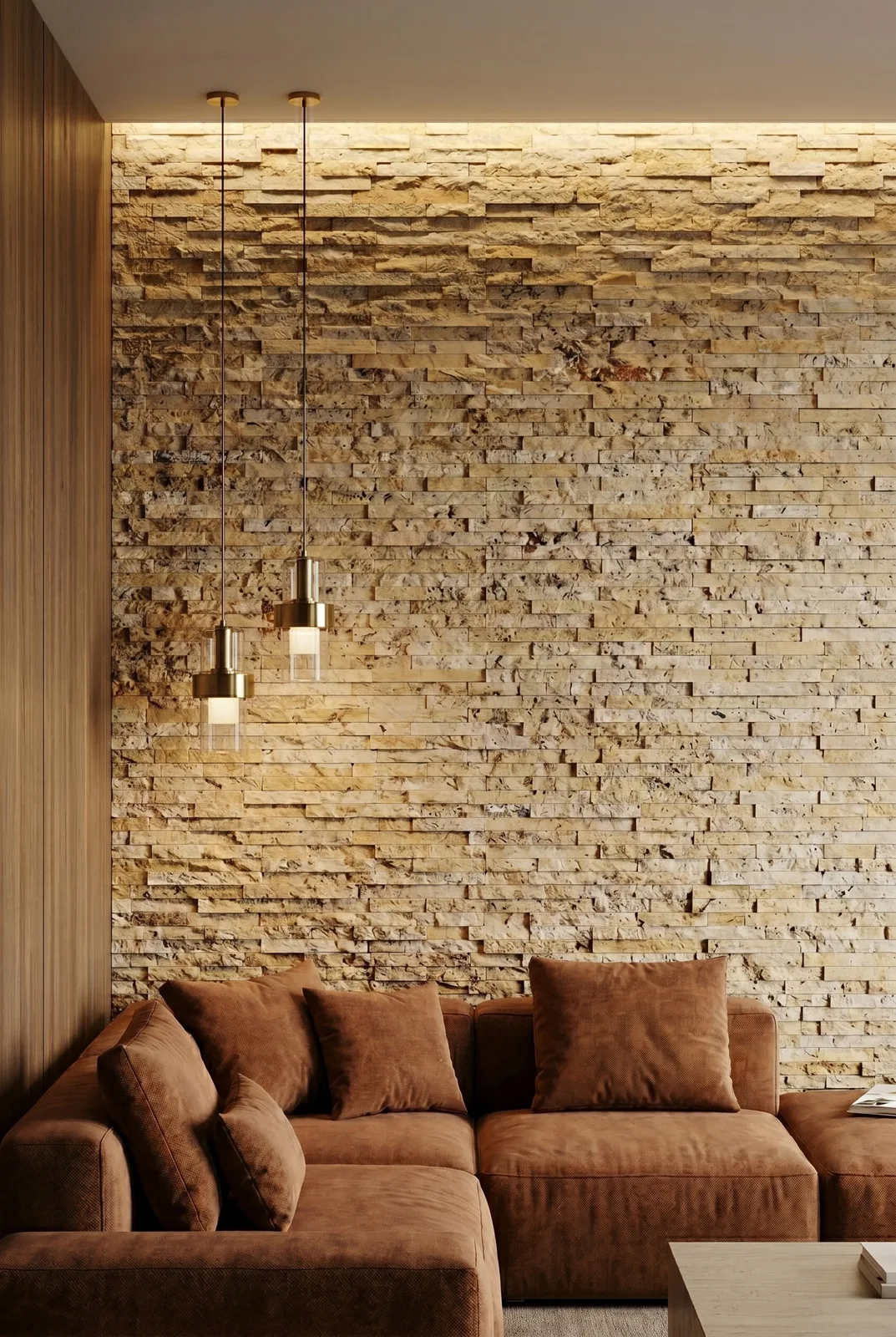 Living room with a Scabos travertine ledger panel wall behind a low sofa, pendant lights hanging in front of the warm gold and rust strips.