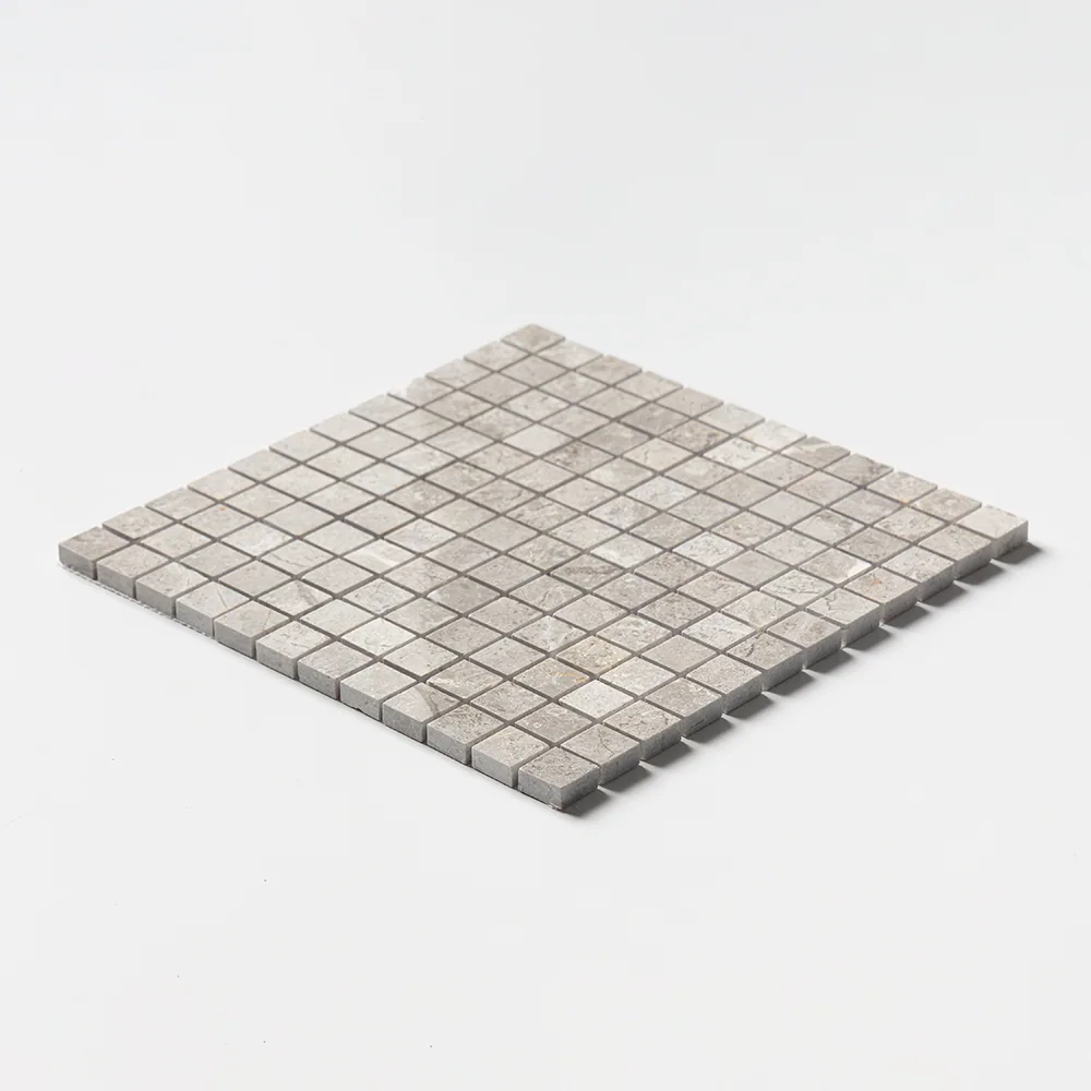 Silver Clouds mosaic of one-inch mid-grey squares, the sheet seen at a shallow angle on white.