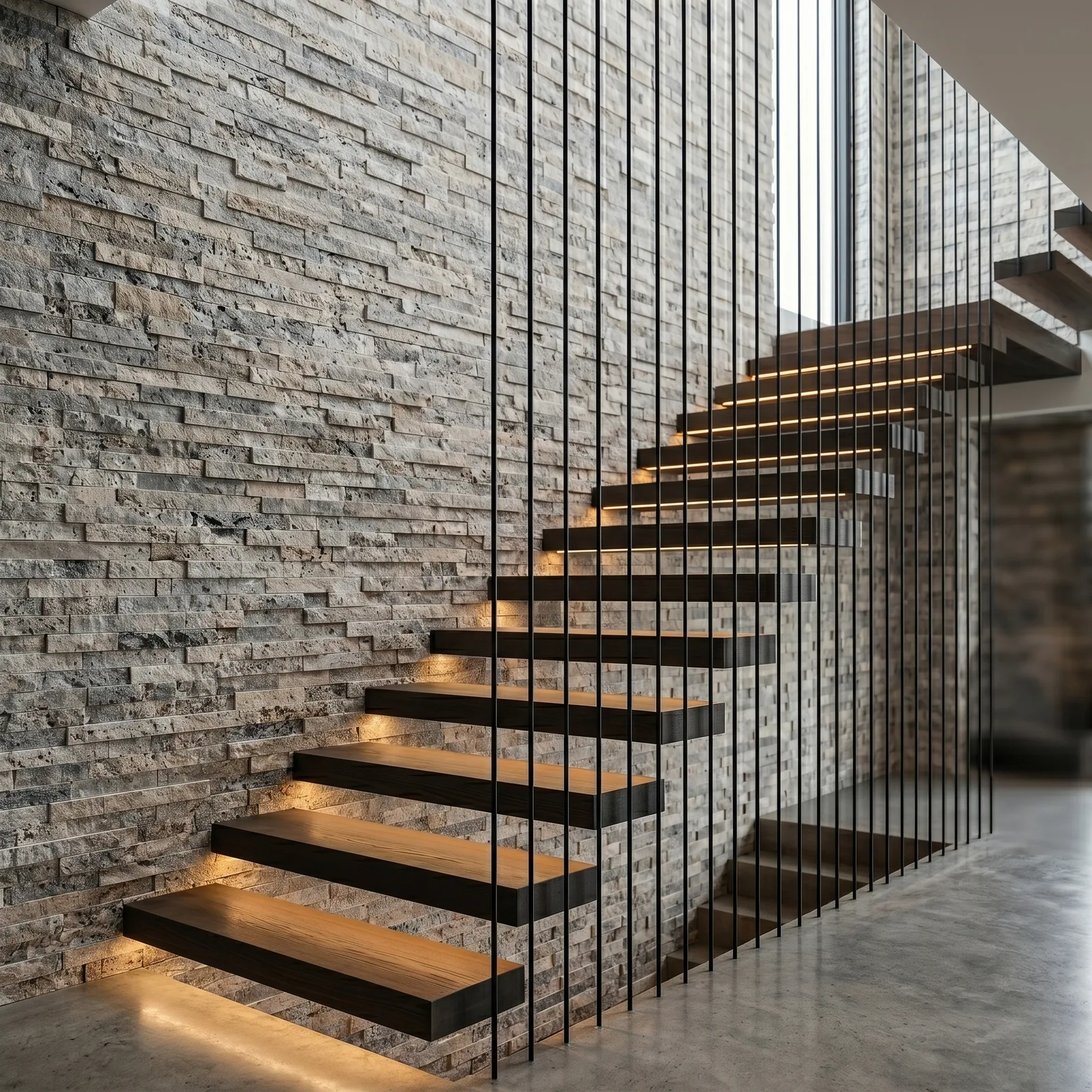 Open-riser timber stair with lit treads set against a Silver travertine ledger panel wall, a vertical rod balustrade running the height of the stone.