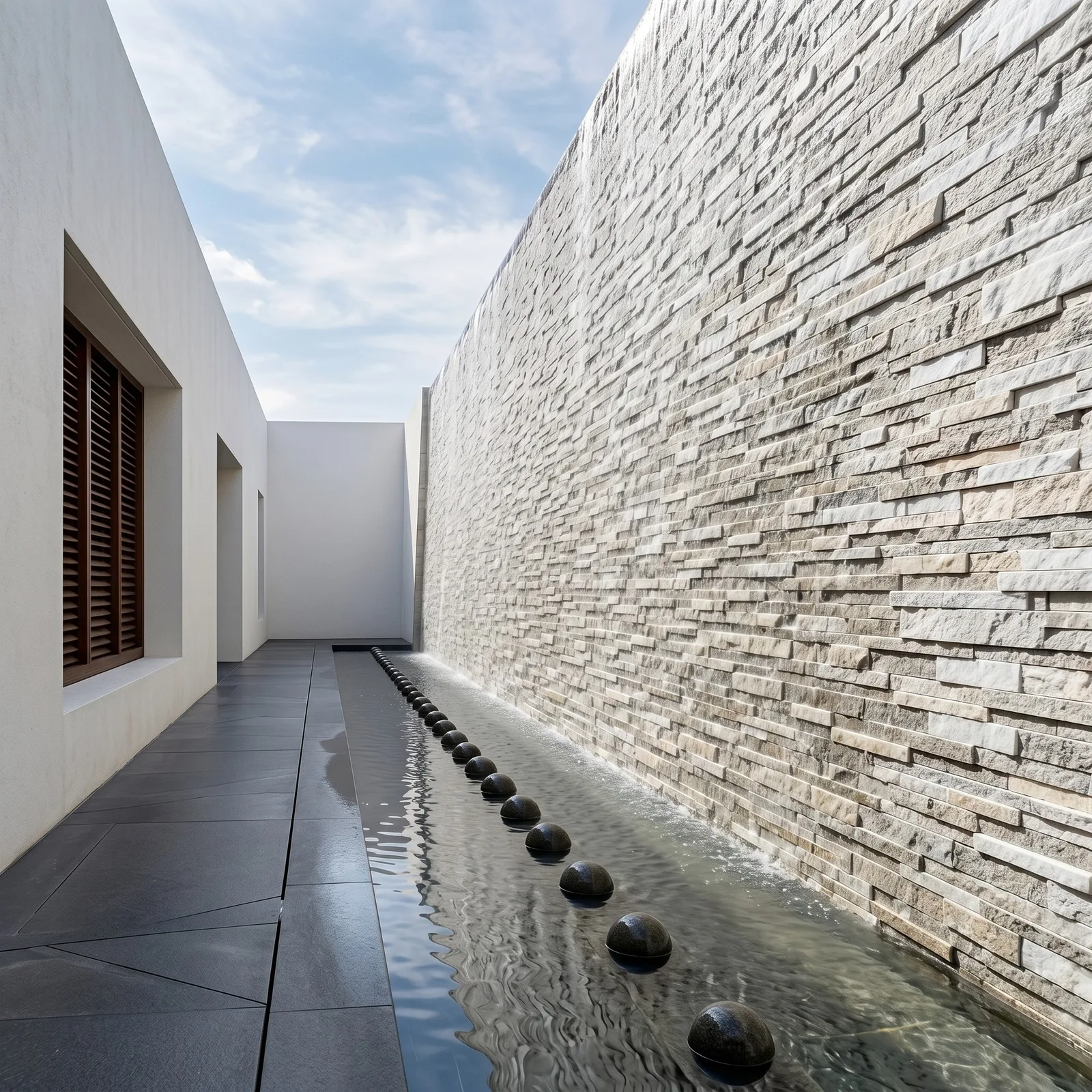 Long Silver White travertine ledger panel wall running the length of a narrow courtyard towards a bright opening, a shallow water channel with stepping stones at its foot.