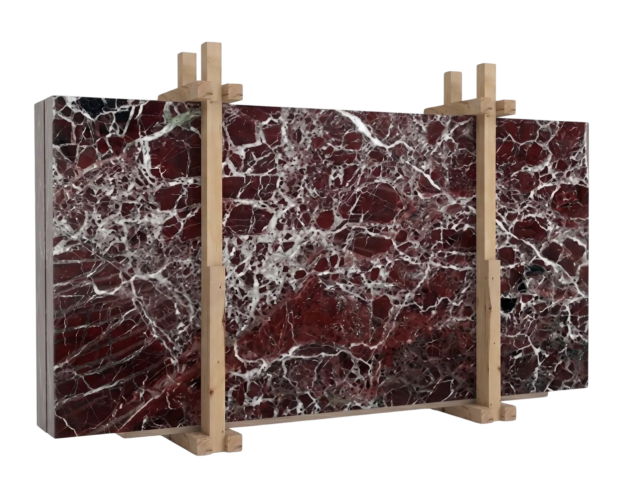 Rosso Levanto marble: a deep burgundy slab crossed by a dense web of white veining, standing in a timber shipping frame.
