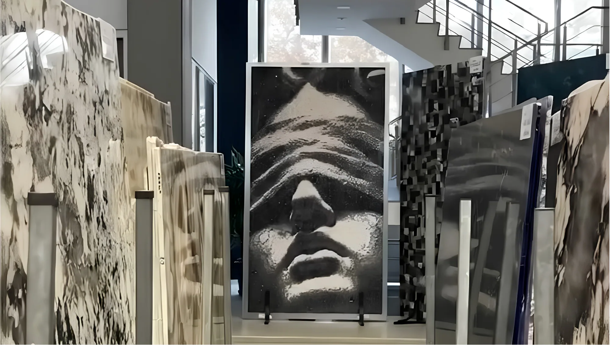 A stone showroom with large slabs racked upright under daylight, a figurative carved panel standing at the centre of the aisle.
