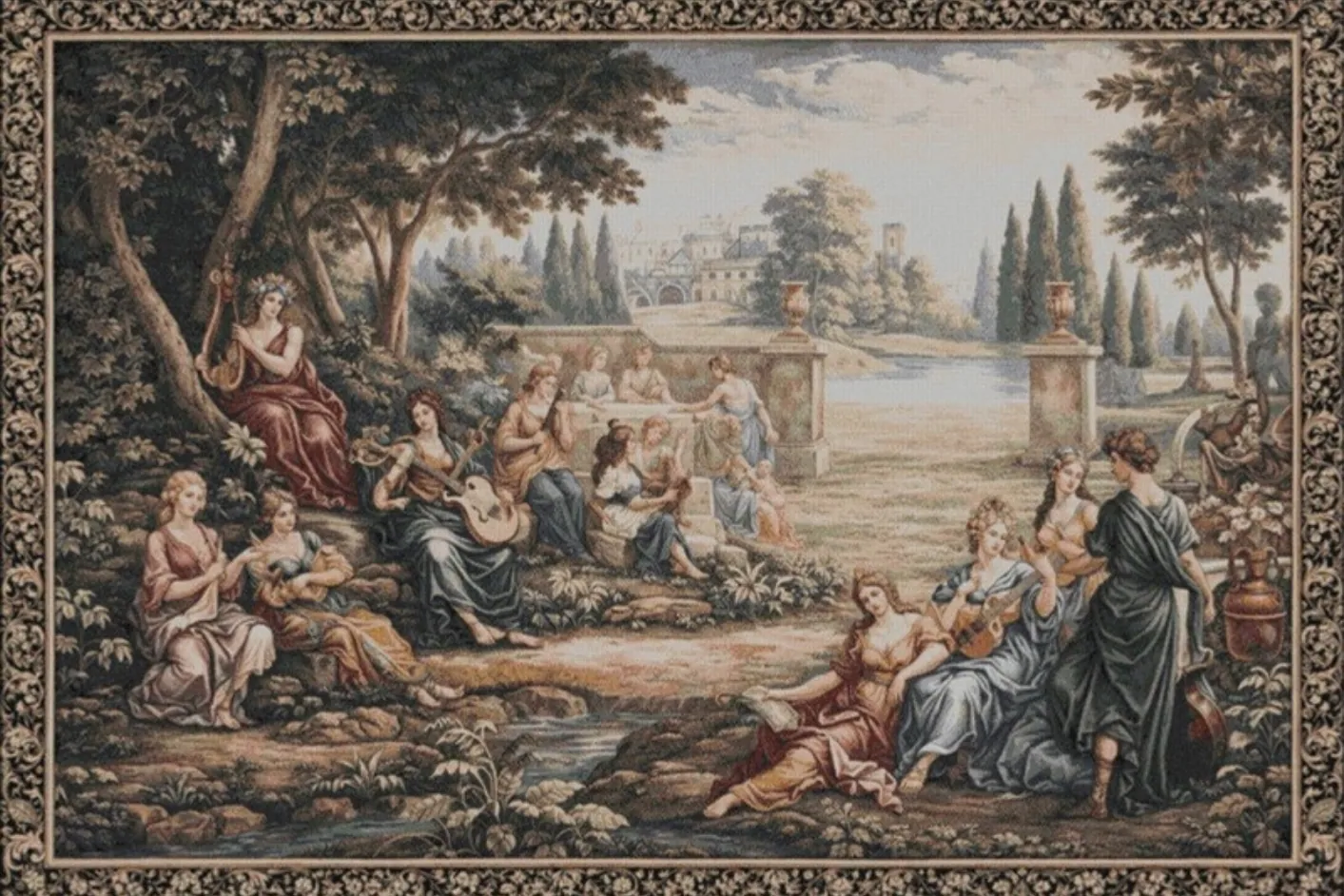 A garden tapestry as a mosaic simulation: figures resting among trees beside a balustrade and water, framed by a floral woven border.