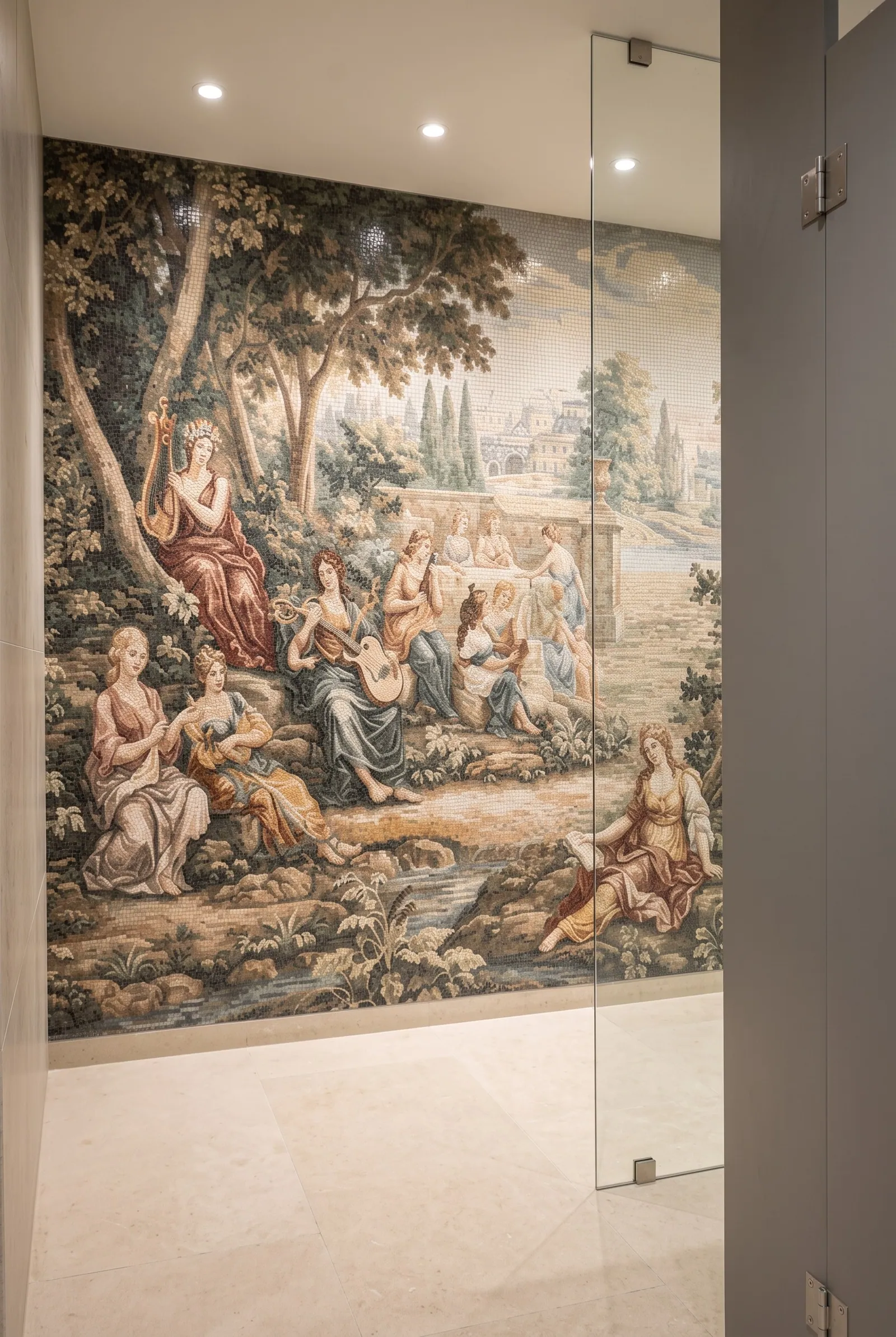 A simulation of the same tapestry along a corridor wall under linear lighting, running the full height of the space.