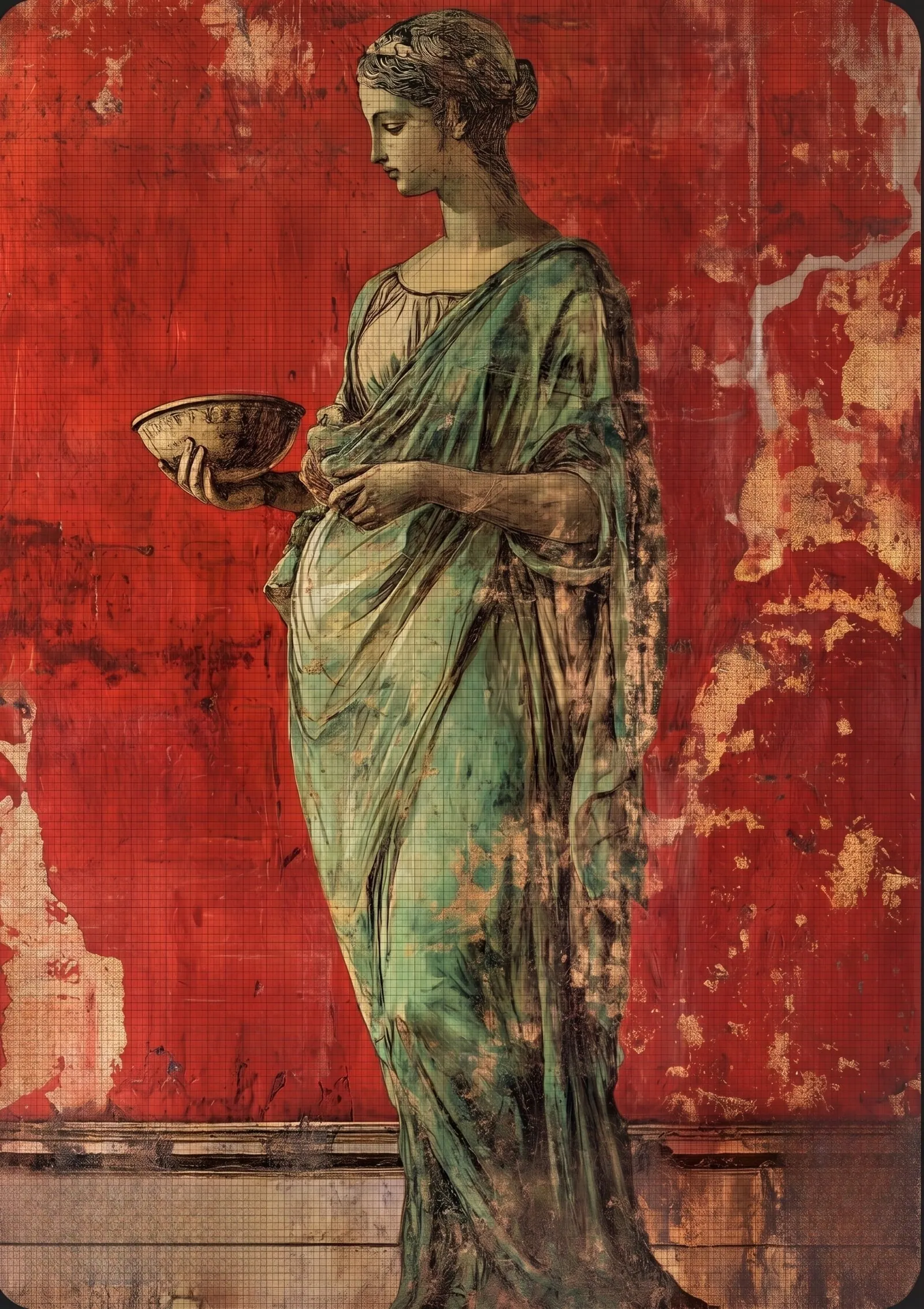 A draped classical figure carrying a shallow bowl against a deep fresco-red wall broken by age, as a mosaic simulation.