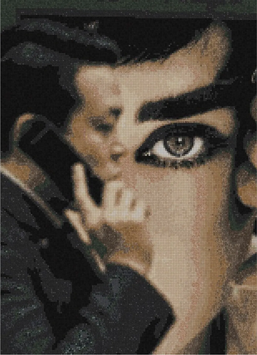 Secret Signal as a mosaic simulation: a face in close crop with one eye held open above a raised hand, built in stark cream and near-black tesserae.